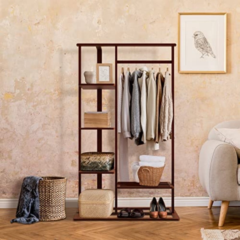 Bamboo Clothes Rack Stand: Cloth Hanger Wood Clothing Hanging Rail Standing Garment Rack with 1 Hanging Rod 3 Tier Side Storage Shelves and 2 Tier Bottom Shelves for bedroom Office Home - Image 4