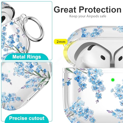 Wonjury Case for AirPods 4 - Wonjury Clear Case Cover Floral Print Skin Women Girls Keychain Cleaner Tool for Apple Airpods 4th 2024 - Flower Blue - Image 4