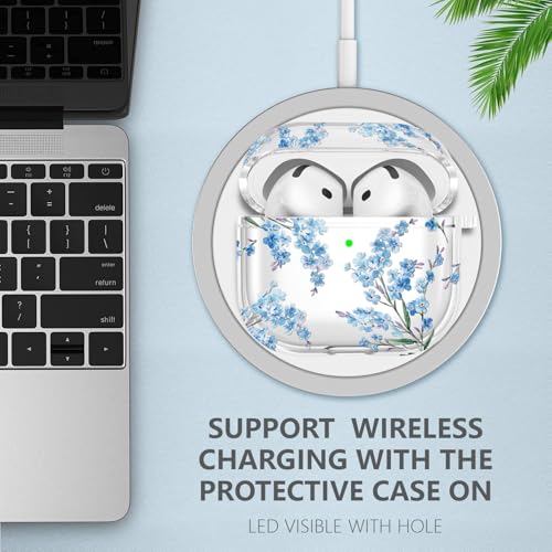 Wonjury Case for AirPods 4 - Wonjury Clear Case Cover Floral Print Skin Women Girls Keychain Cleaner Tool for Apple Airpods 4th 2024 - Flower Blue - Image 3