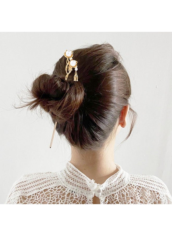 Cinaci - 10 Pieces Decorative Vintage Retro Pearl Gold Metal Hair Sticks Pins With Pendants Chinese Hanfu Asian Flower Butterfly Hair Chopsticks Hair Bun Updo Holders Long Hairpins For Women Girls - Image 1