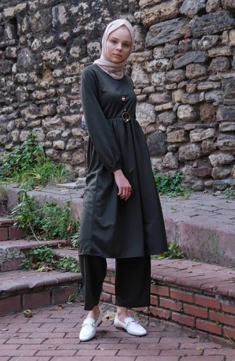 Sefa Merve Necklace Tunic Trousers Double Suit 0583-07 Khaki