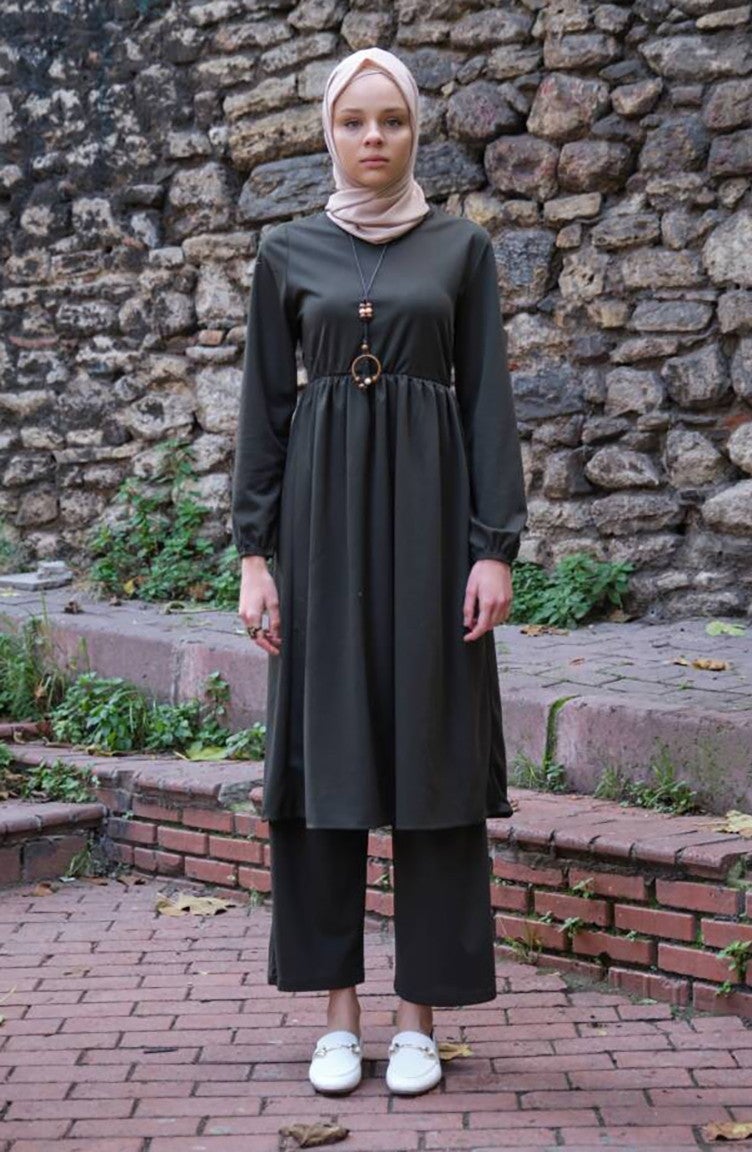 Sefa Merve Necklace Tunic Trousers Double Suit 0583-07 Khaki  - Image 2