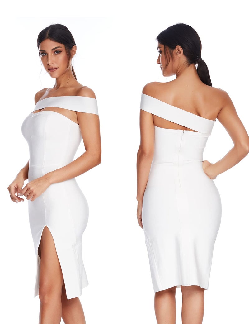 meilun Women's One Shoulder Bandage Dresses for Women Wedding Guest Sexy Formal Midi Dress (White, L) - Image 4