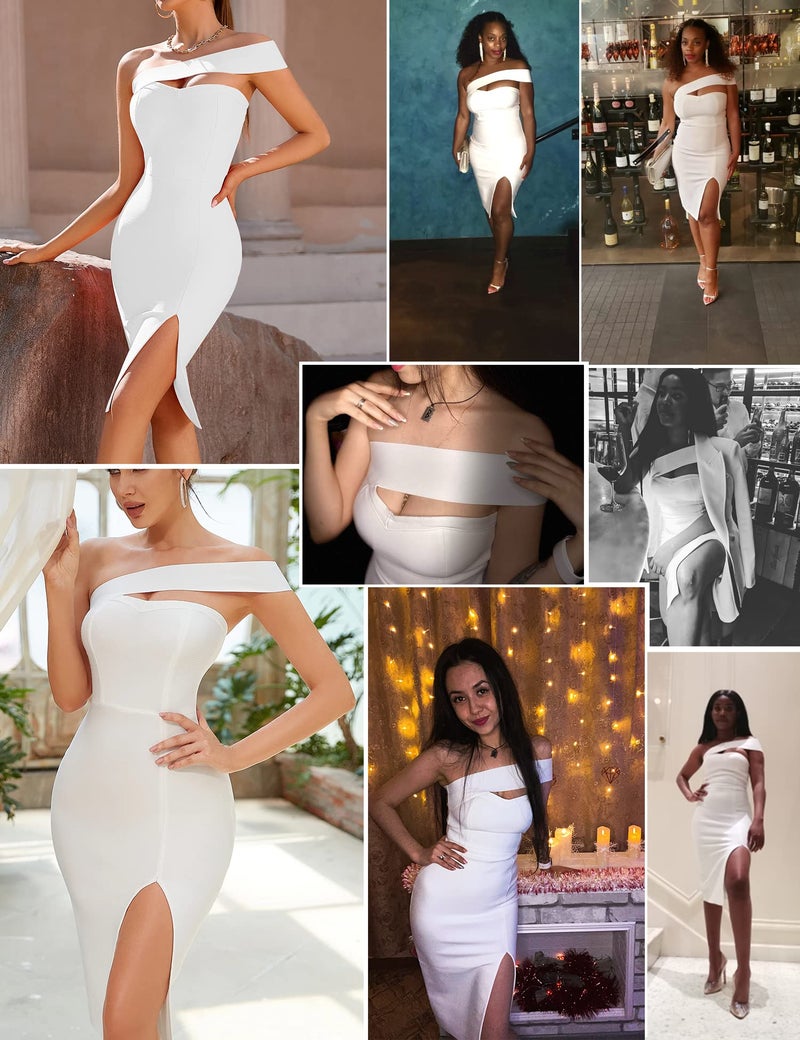 meilun Women's One Shoulder Bandage Dresses for Women Wedding Guest Sexy Formal Midi Dress (White, L) - Image 3