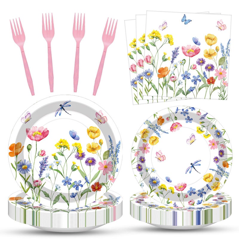 Merriva 100 Pcs Spring Floral Party Supplies Set, Serves 25 â€“ Disposable Flower Paper Plates, Napkins, and Forks, Garden Bloom Themed Tableware for Picnic, Tea Party, Birthday, and Motherâ€™s Day Decorations - Image 1