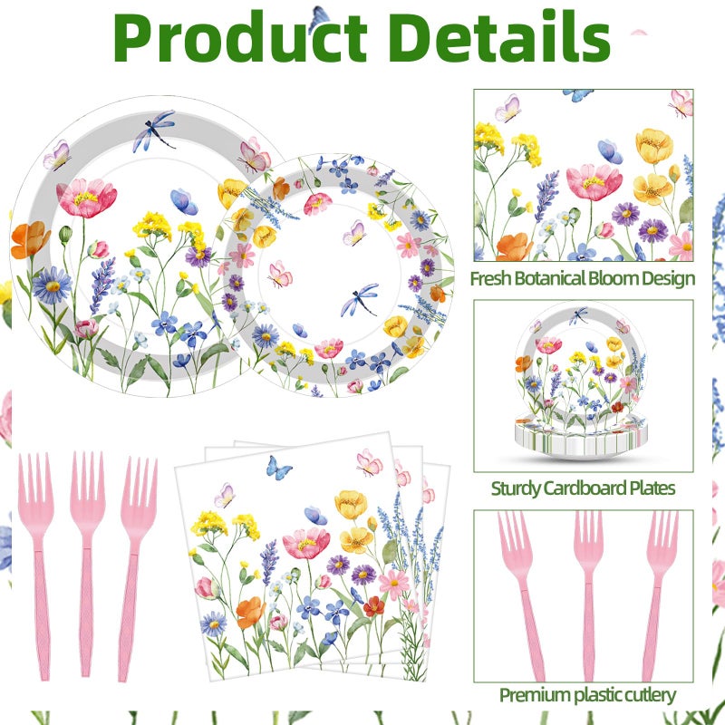 Merriva 100 Pcs Spring Floral Party Supplies Set, Serves 25 â€“ Disposable Flower Paper Plates, Napkins, and Forks, Garden Bloom Themed Tableware for Picnic, Tea Party, Birthday, and Motherâ€™s Day Decorations - Image 3