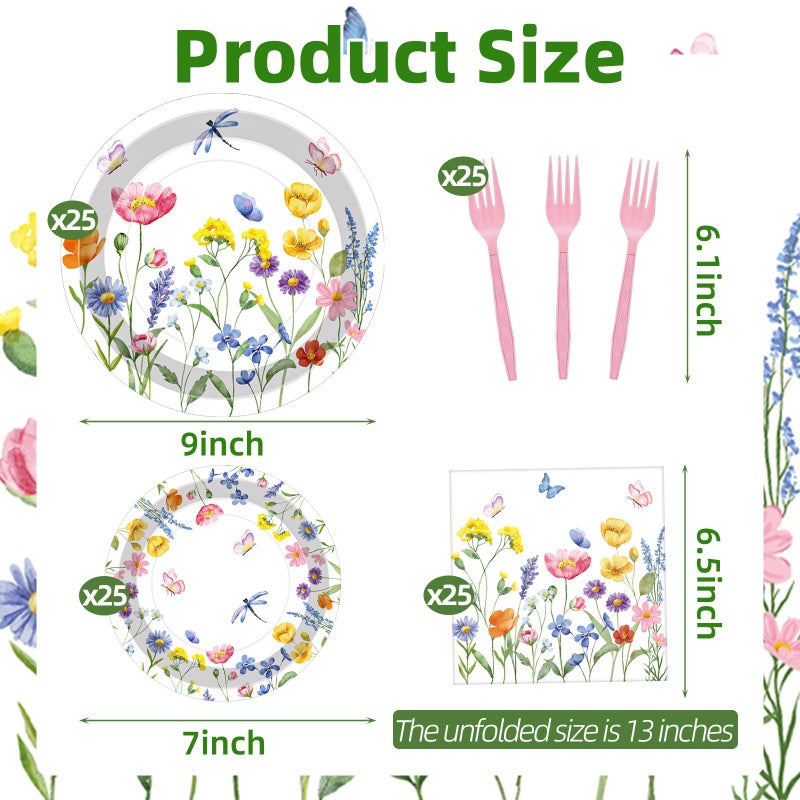 Merriva 100 Pcs Spring Floral Party Supplies Set, Serves 25 â€“ Disposable Flower Paper Plates, Napkins, and Forks, Garden Bloom Themed Tableware for Picnic, Tea Party, Birthday, and Motherâ€™s Day Decorations - Image 2
