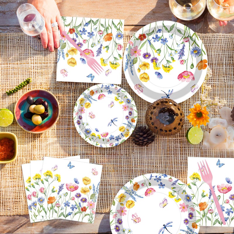 Merriva 100 Pcs Spring Floral Party Supplies Set, Serves 25 â€“ Disposable Flower Paper Plates, Napkins, and Forks, Garden Bloom Themed Tableware for Picnic, Tea Party, Birthday, and Motherâ€™s Day Decorations - Image 4