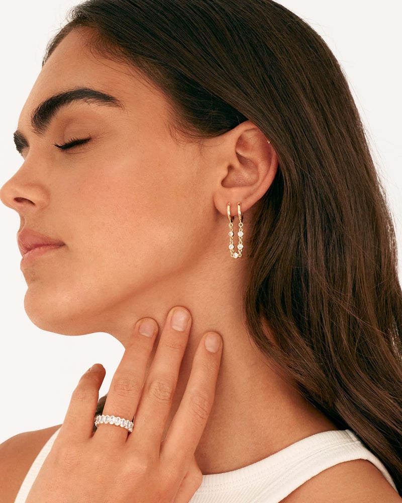 PAVOI 14K Gold Chain Earrings for Women | Double Piercing Dangle Chain Huggie Hoop Earrings | Cubic Zirconia Pearl Stud Ear Cuff Earrings for Women - Image 2