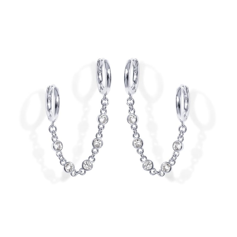 PAVOI 14K Gold Chain Earrings for Women | Double Piercing Dangle Chain Huggie Hoop Earrings | Cubic Zirconia Pearl Stud Ear Cuff Earrings for Women - Image 1