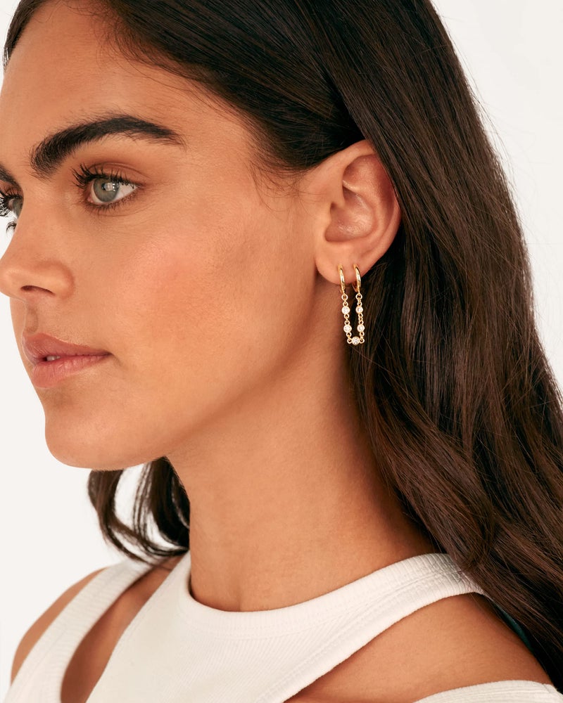 PAVOI 14K Gold Chain Earrings for Women | Double Piercing Dangle Chain Huggie Hoop Earrings | Cubic Zirconia Pearl Stud Ear Cuff Earrings for Women - Image 4
