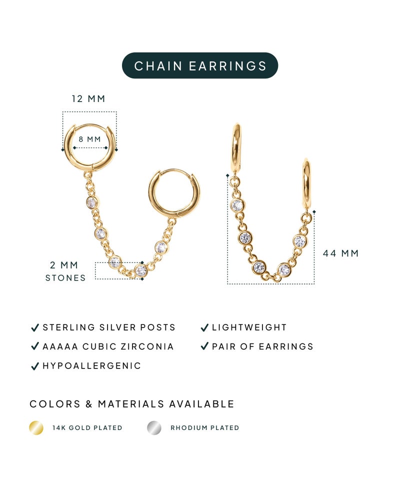 PAVOI 14K Gold Chain Earrings for Women | Double Piercing Dangle Chain Huggie Hoop Earrings | Cubic Zirconia Pearl Stud Ear Cuff Earrings for Women - Image 3