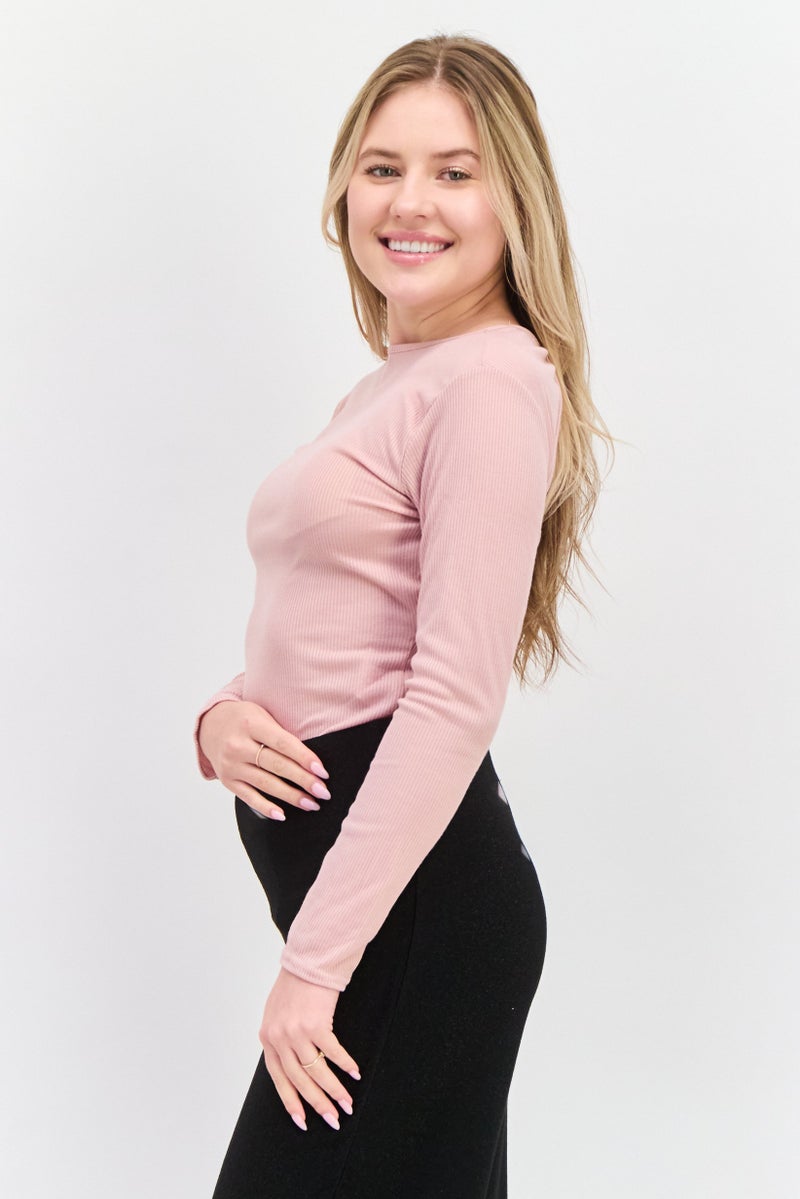 Missguided Women Petite Size Ribbed Long Sleeve  Bodysuit, Pink - Image 2