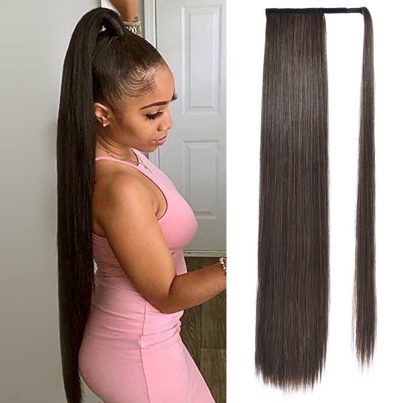 إكستنشن ذيل حصان طويل من SEIKEA، إكستنشنات شعر طبيعية ناعمة مصنوعة من شعر صناعي، بطول 35 إنش، بني متوسط مع خصلات بني ذهبي