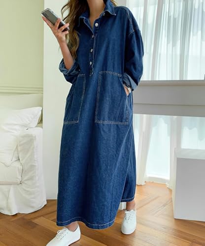 Jofemuho Womens Spring Fall Long Sleeve Denim Maxi Shirt Dress with Split - Image 2