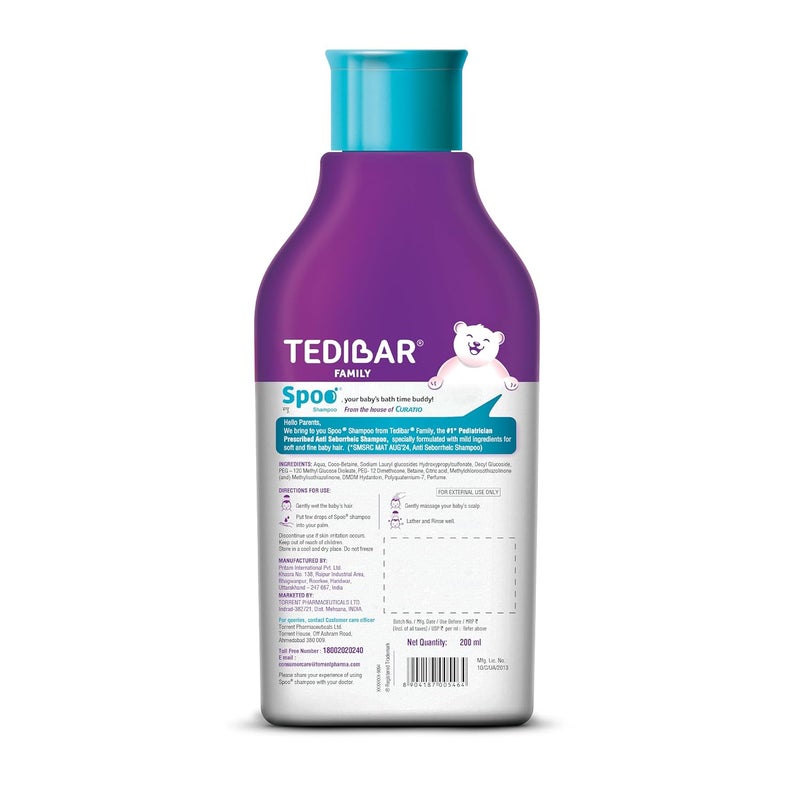 Spoo No-Tear Formula baby shampoo 200ml from Tedibar Family | Gentle on Scalp | No. No. 1 Pediatrician Prescribed Anti Seborrheic Shampoo* - By Torrent Pharma - Image 3