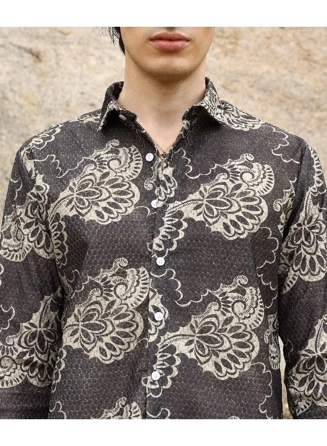 CAHOOT  Men's Charcoal Black Floral Block Shirt For Casual Wear | Spread Collar | Long Sleeve | Button Closure | Shirt Crafted With Comfort Fit For Everyday Wear for Men | Best Price UAE