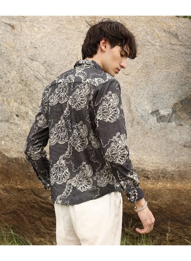 CAHOOT  Men's Charcoal Black Floral Block Shirt For Casual Wear | Spread Collar | Long Sleeve | Button Closure | Shirt Crafted With Comfort Fit For Everyday Wear for Men | Best Price UAE