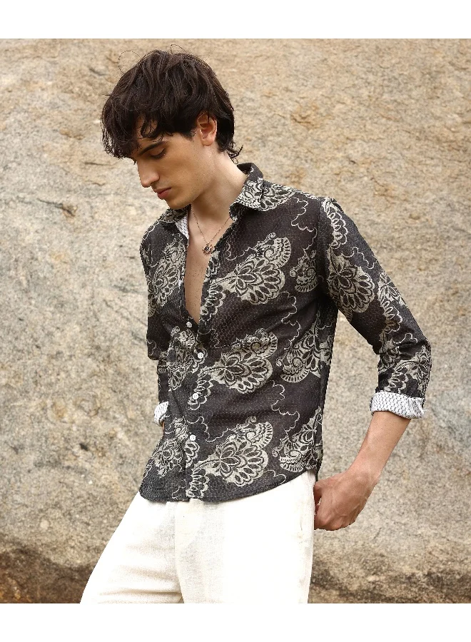 CAHOOT  Men's Charcoal Black Floral Block Shirt For Casual Wear | Spread Collar | Long Sleeve | Button Closure | Shirt Crafted With Comfort Fit For Everyday Wear for Men | Best Price UAE