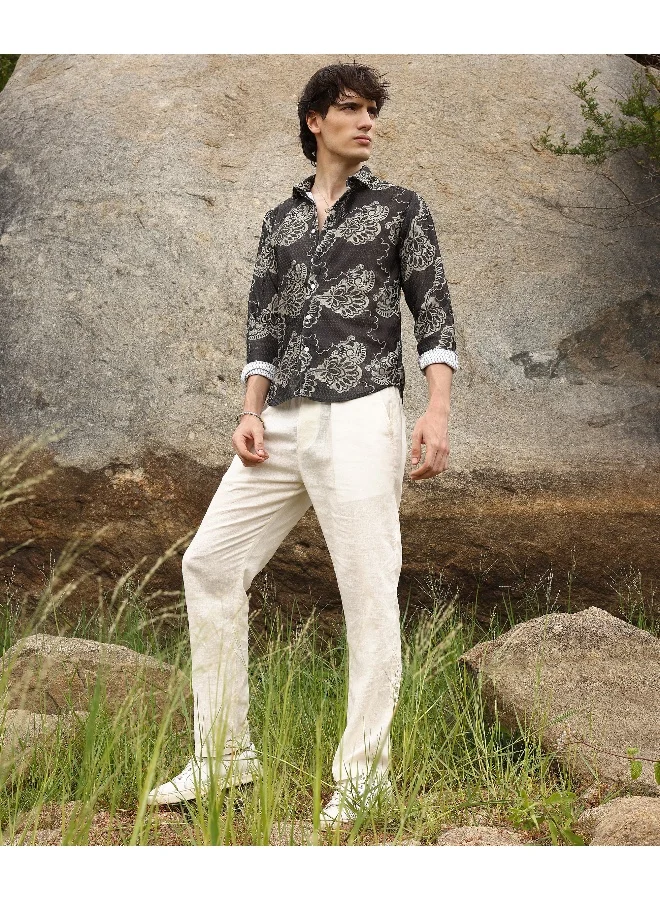 Men's Charcoal Black Floral Block Shirt For Casual Wear | Spread Collar | Long Sleeve | Button Closure | Shirt Crafted With Comfort Fit For Everyday Wear