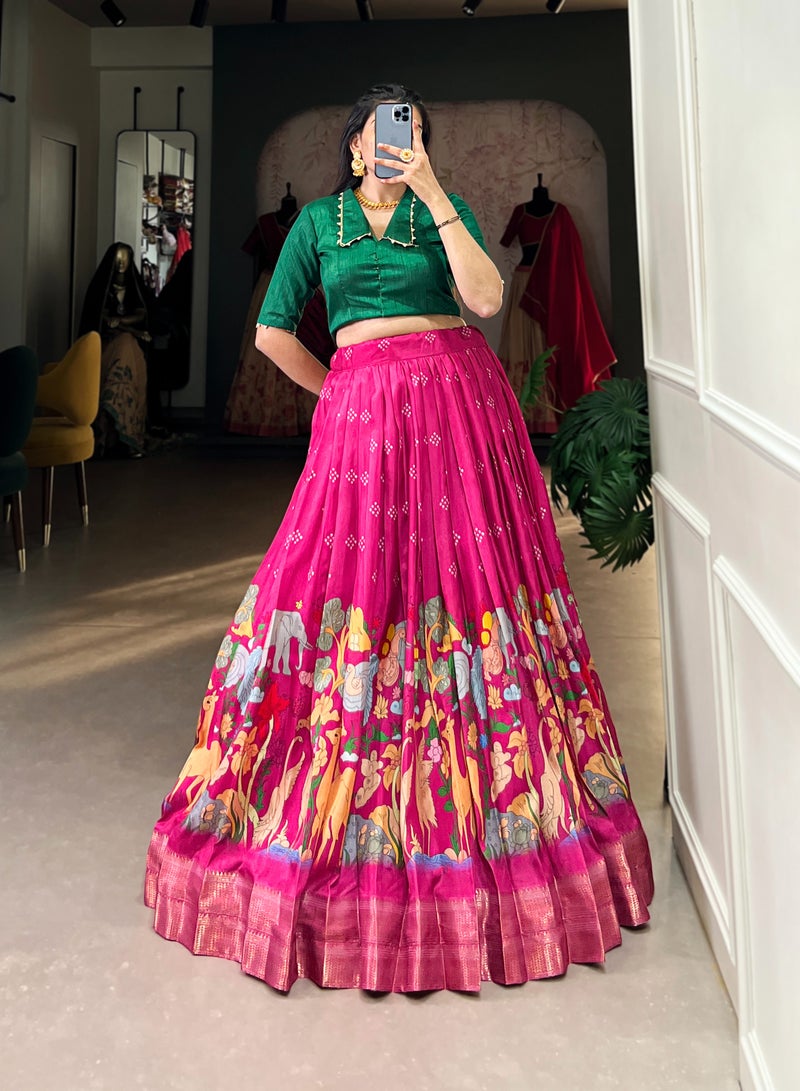 Printed Lehenga Set with Zari Border, Banglory Blouse & Tassel Detailing – Fully Stitched  - Image 1