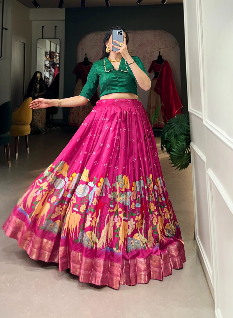 Printed Lehenga Set with Zari Border, Banglory Blouse & Tassel Detailing – Fully Stitched  - Image 4