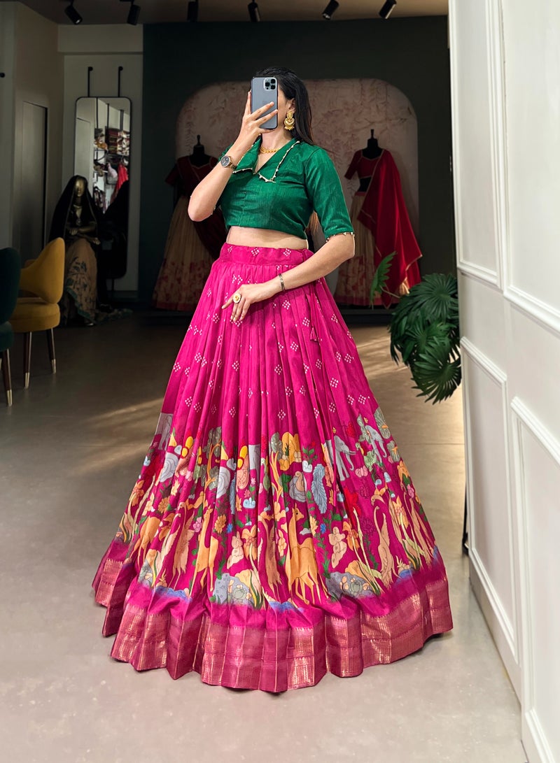 Printed Lehenga Set with Zari Border, Banglory Blouse & Tassel Detailing – Fully Stitched  - Image 5