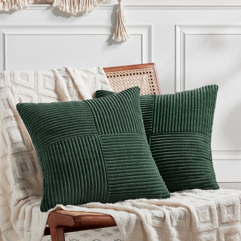 Fancy Homi Set of 2 Dark Green Decorative Throw Pillow Covers 16x16 Inch for Living Room Couch Bed Boho Farmhouse Forest Green Home Decor Soft Corss Corduroy Patchwork Textured Cushion Case - Image 2