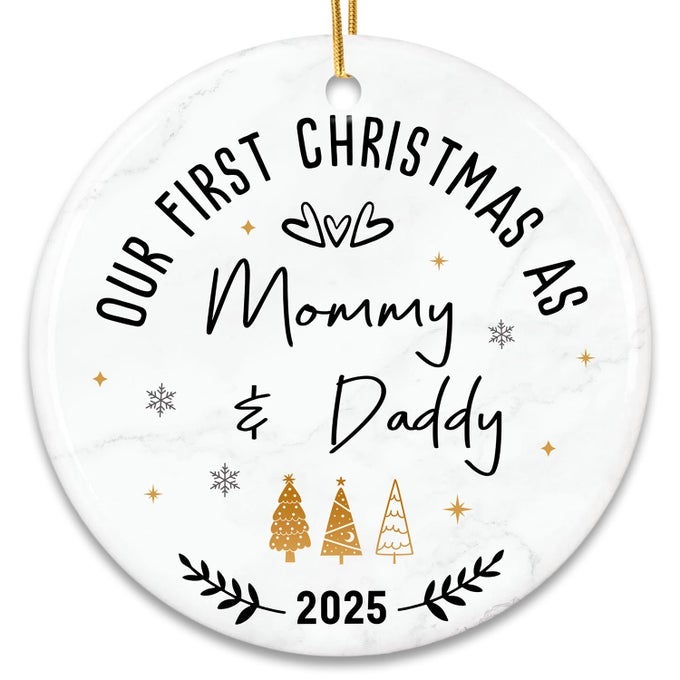 Baby First Christmas Ornament 2025 Mom and Dad Gifts Ideas Gift for Parents on Christmas New Parents Gift for Couples First Time Mom New Dad Gifts Family of Three Ceramic Ornament