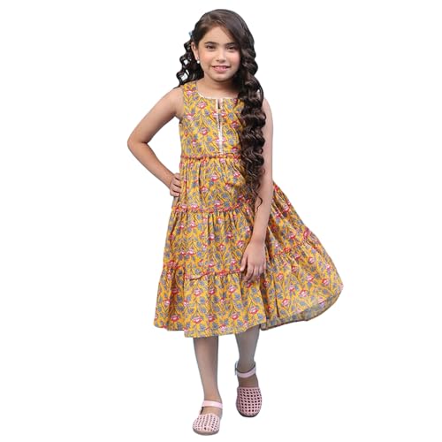 Biba Girls Cotton Tiered Printed Regular Fit Kurta (KW5050EAW22YEL_Yellow, 8-9 Years - Image 1