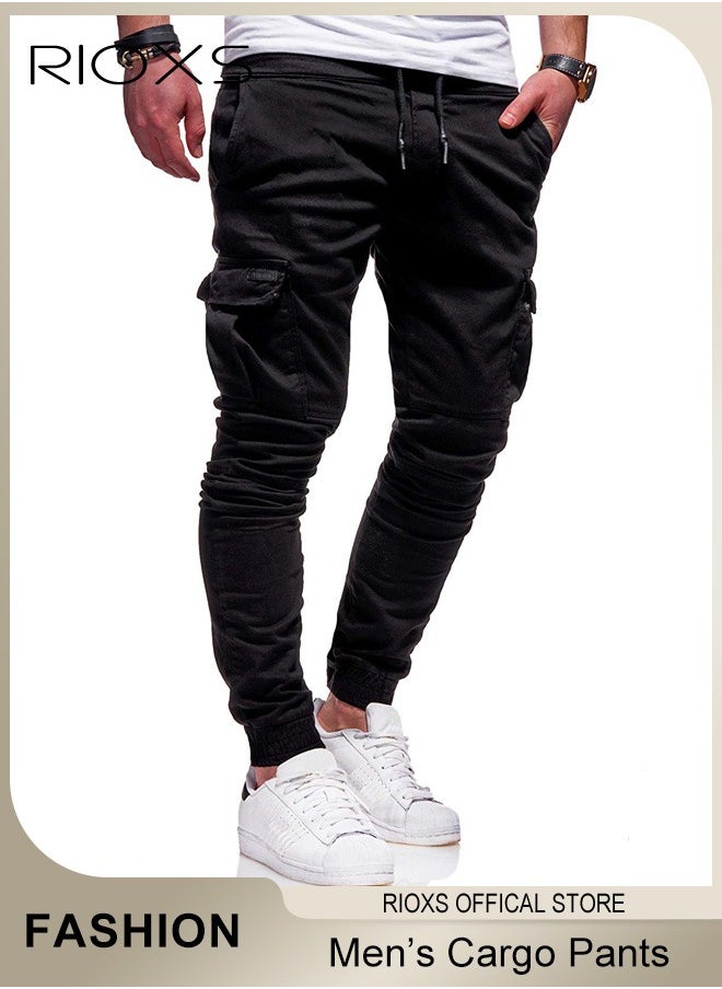 RIOXS - Men's Cargo Pants, Baggy Fit Tapered Cargo Pants For Men, Casual Sports Trousers, Drawstring Athletic Pants For Running Jogging Workout, Tactical Pantalones Cargo, Mens Cargo Pants, Multi Pocket Stretch Sweatpants - Image 1