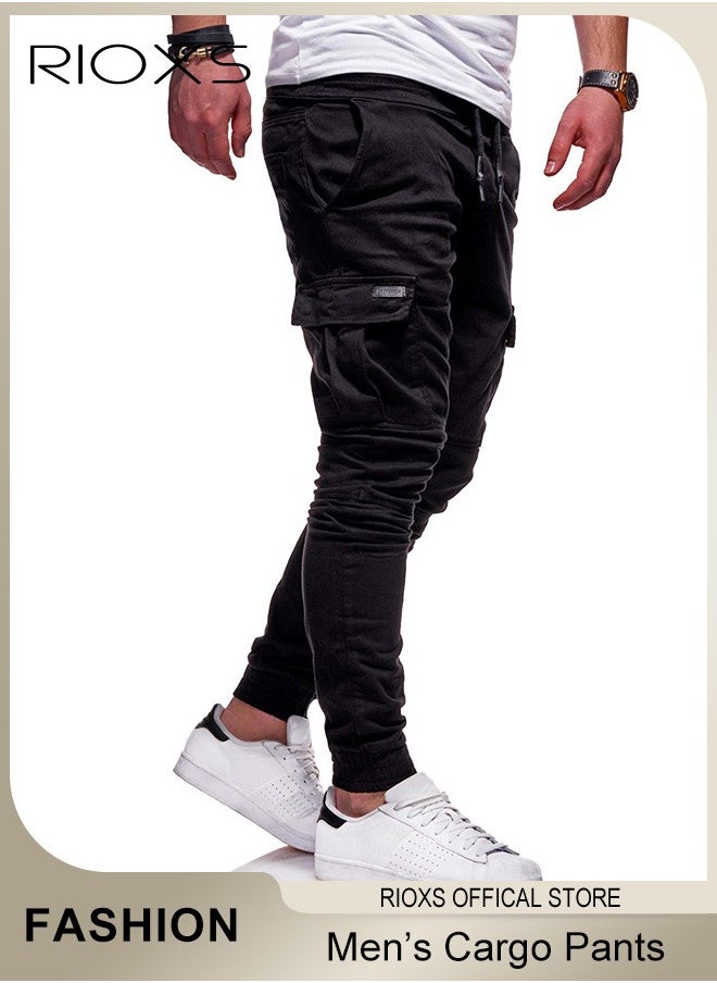RIOXS - Men's Cargo Pants, Baggy Fit Tapered Cargo Pants For Men, Casual Sports Trousers, Drawstring Athletic Pants For Running Jogging Workout, Tactical Pantalones Cargo, Mens Cargo Pants, Multi Pocket Stretch Sweatpants - Image 1