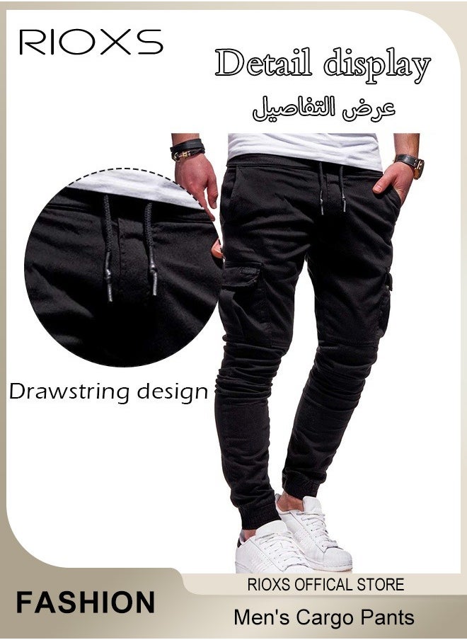 RIOXS - Men's Cargo Pants, Baggy Fit Tapered Cargo Pants For Men, Casual Sports Trousers, Drawstring Athletic Pants For Running Jogging Workout, Tactical Pantalones Cargo, Mens Cargo Pants, Multi Pocket Stretch Sweatpants - Image 1