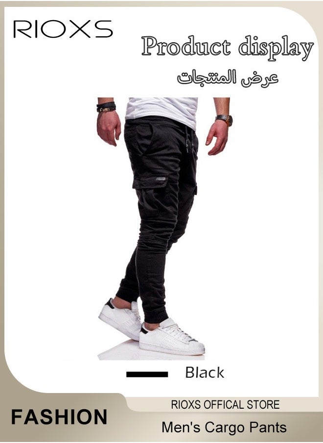 RIOXS - Men's Cargo Pants, Baggy Fit Tapered Cargo Pants For Men, Casual Sports Trousers, Drawstring Athletic Pants For Running Jogging Workout, Tactical Pantalones Cargo, Mens Cargo Pants, Multi Pocket Stretch Sweatpants - Image 1