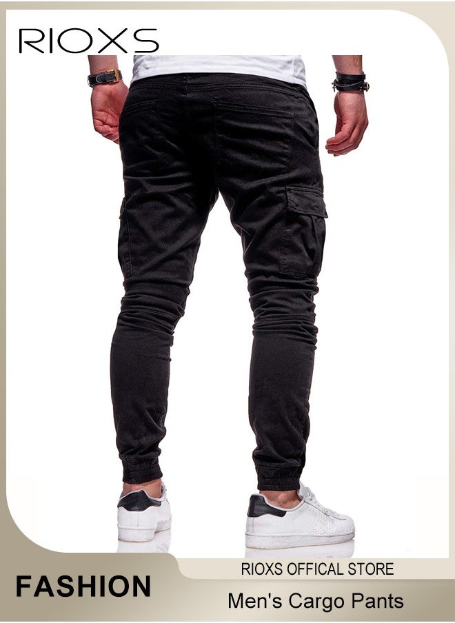 RIOXS - Men's Cargo Pants, Baggy Fit Tapered Cargo Pants For Men, Casual Sports Trousers, Drawstring Athletic Pants For Running Jogging Workout, Tactical Pantalones Cargo, Mens Cargo Pants, Multi Pocket Stretch Sweatpants - Image 1