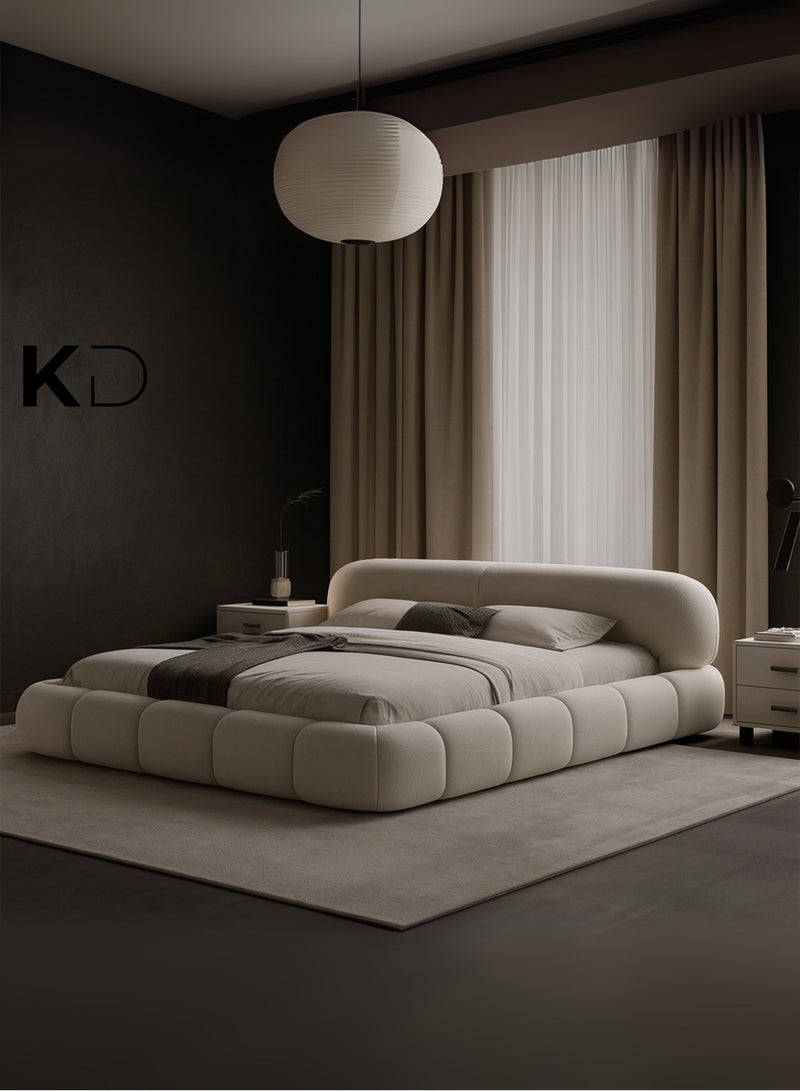 KustomDeco Cloud Velvet Upholstered Low-Profile Bed Frame with Rounded Cushioned Customizable Bed Design – Modern Luxury Cream Fabric Platform Bed Double Size 120x200cm - Image 1