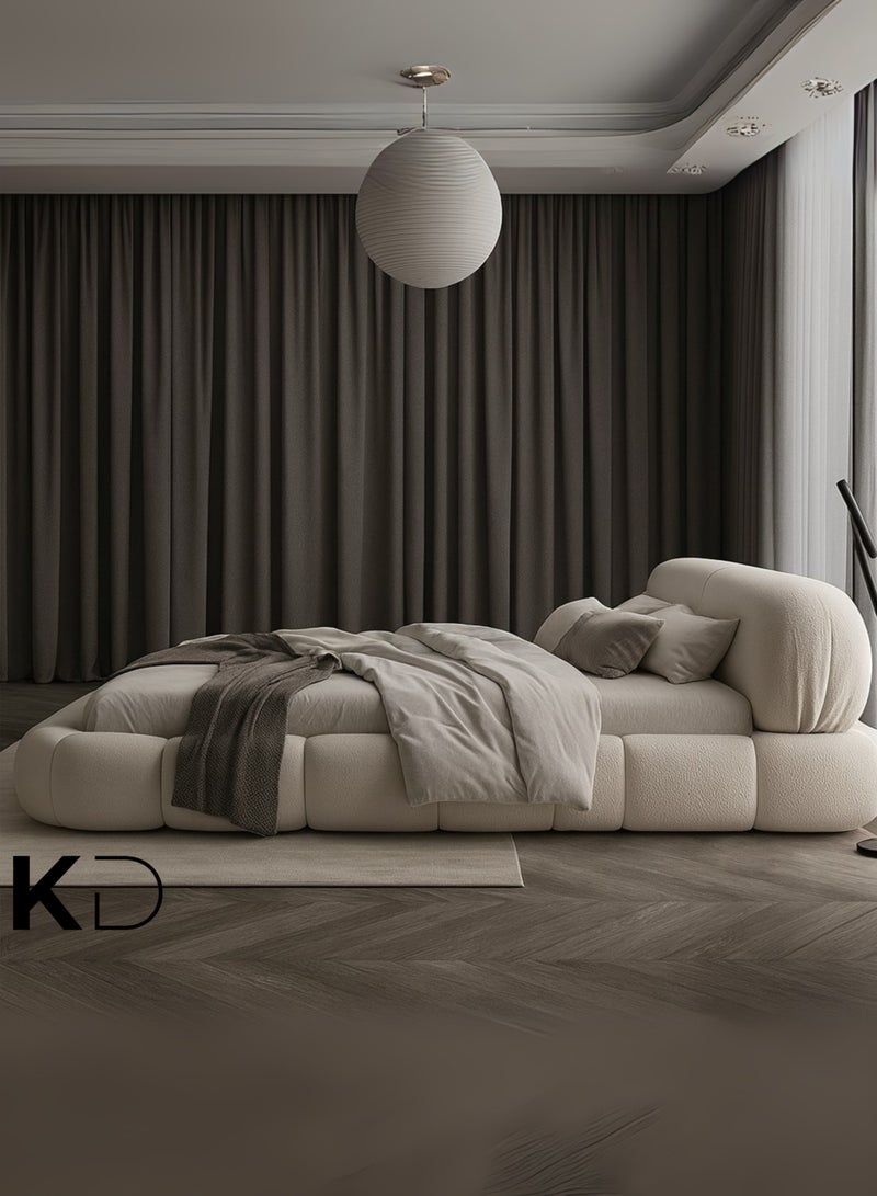 KustomDeco Cloud Velvet Upholstered Low-Profile Bed Frame with Rounded Cushioned Customizable Bed Design – Modern Luxury Cream Fabric Platform Bed Double Size 120x200cm - Image 4