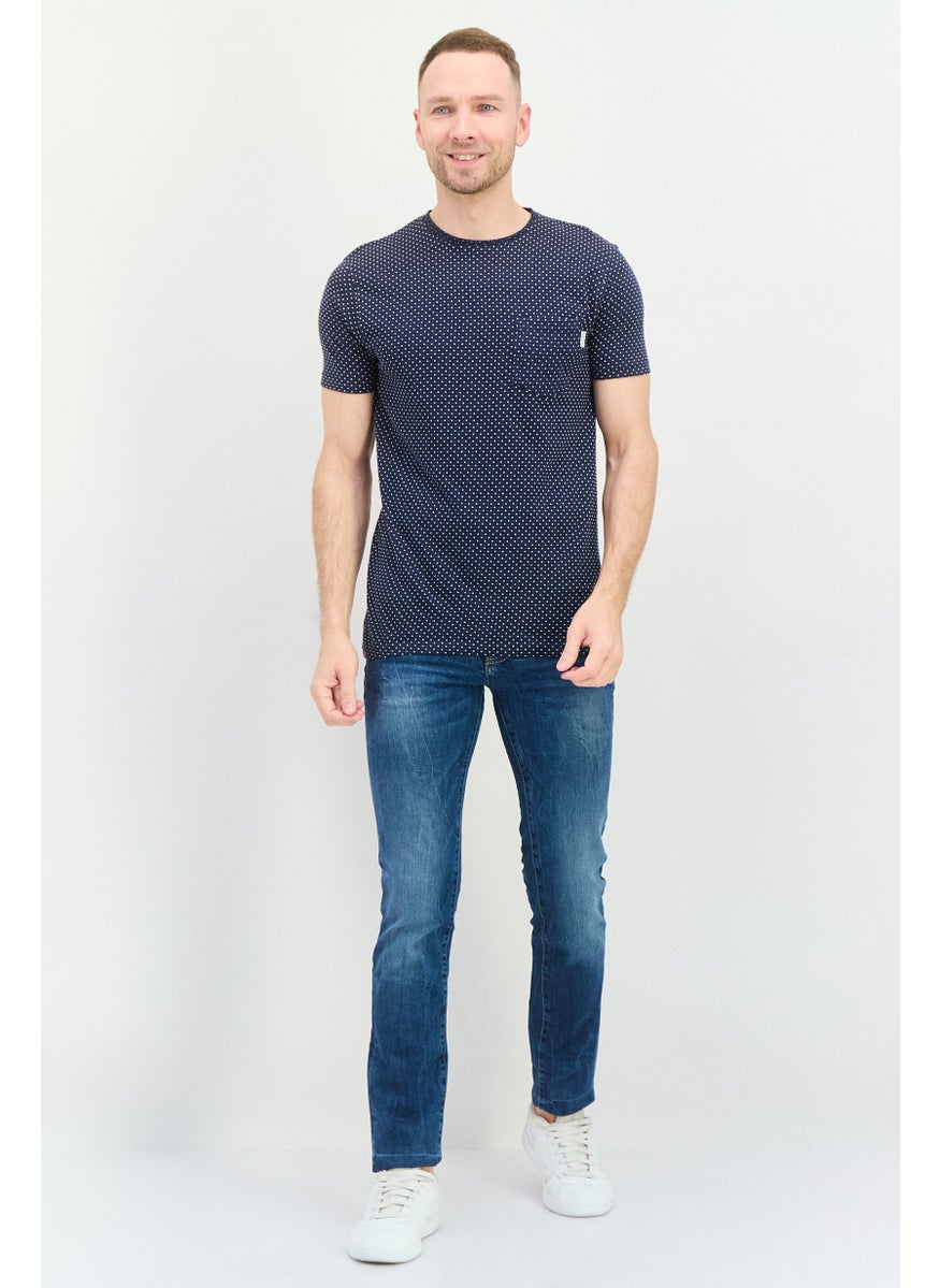 Peter Werth - Men Crew Neck Short Sleeves Allover T-Shirt, Navy - Image 1