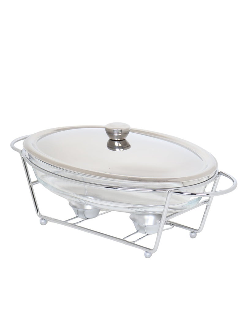 HOMEVEO 3-liter oval glass buffet warmer with metal lid and sturdy iron frame for serving and hospitality. - Image 1