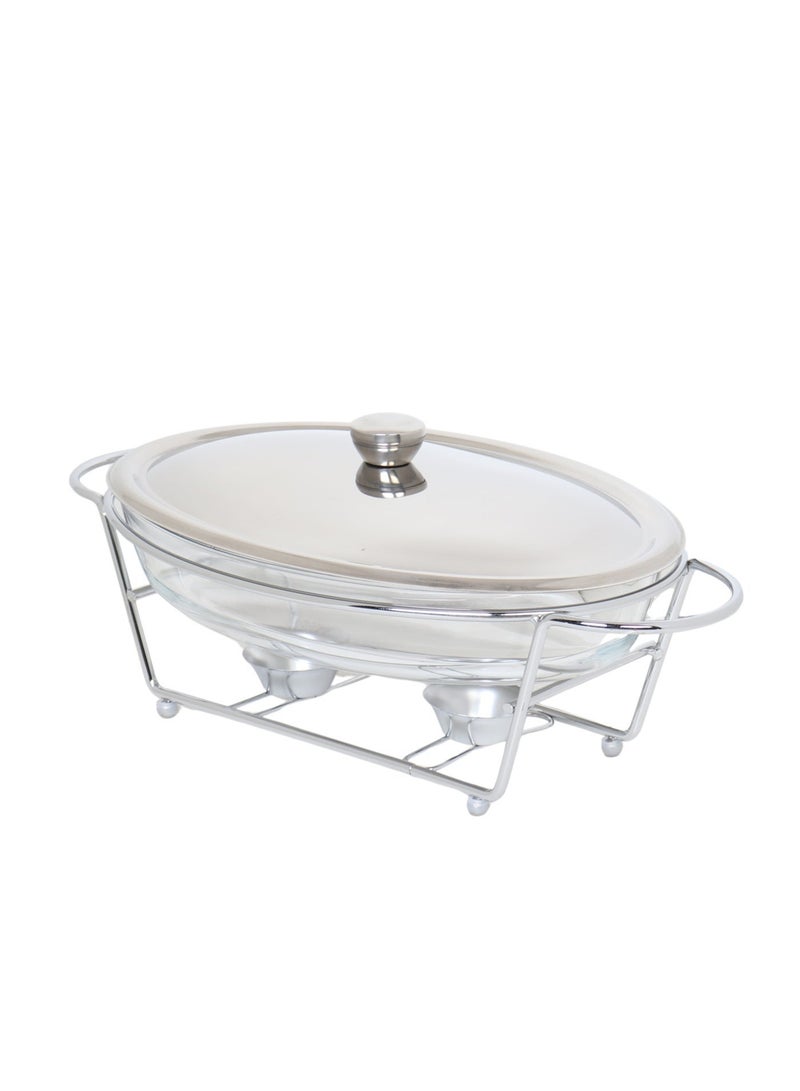 HOMEVEO 3-liter oval glass buffet warmer with metal lid and sturdy iron frame for serving and hospitality. - Image 3