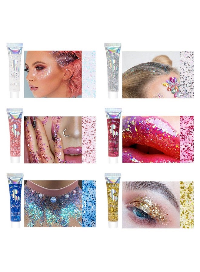 Sumeitang 6Colors Face Body Glitter Gel Mermaid Holographic Sequins Chunky Glitter Paint For Party Singer Concerts Music Festival Rave Accessories For Girls Women Face Body Hair Sparkling Makeup - Image 2