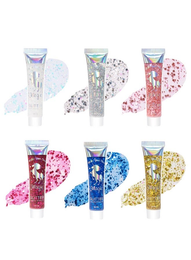 Sumeitang 6Colors Face Body Glitter Gel Mermaid Holographic Sequins Chunky Glitter Paint For Party Singer Concerts Music Festival Rave Accessories For Girls Women Face Body Hair Sparkling Makeup - Image 1