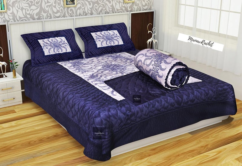 ManavRachit 310 TC Satin Luxury Gold VIP Printed King Size Wedding Bedding Bedsheet Set Set of 4 Pieces for Home Living Room Blue VIP - Image 1