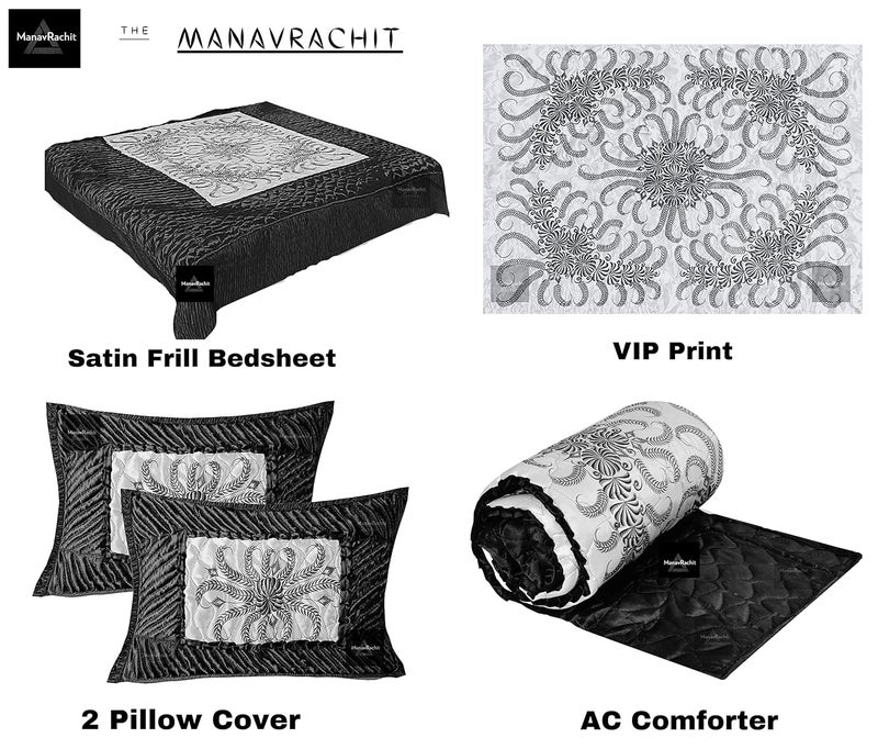 ManavRachit 310 TC Satin Luxury Gold VIP Printed King Size Wedding Bedding Bedsheet Set Set of 4 Pieces for Home Living Room Blue VIP - Image 3