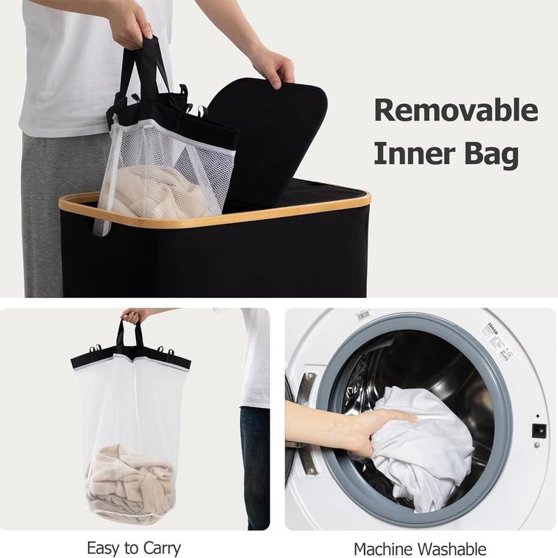 مشاريع تعز سلة غسيل كبيرة بسعة 150 لتر مع حجرتين مزدوجتين - حقيبة قابلة للطي من قماش أكسفورد مع غطاء مقاوم للغبار ومقابض من الخيزران للملابس والألعاب والمناشف - موفرة للمساحة - (أسود، 14.5 بوصة طول × 22.4 بوصة عرض × 27.1 بوصة ارتفاع) - Image 4