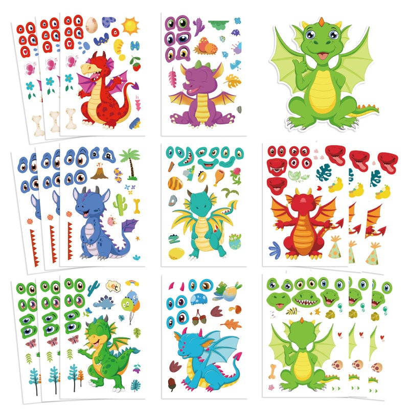 HJHEJST 24 Sheet Dragon Stickers Make Your Own Dragon Sticker for Kids 3+, Cartoon Make-a-face Sticker Girls Boys Dragons Birthday Party Decorations,DIY Dragons Craft Birthday Party Favor Supplies - Image 1