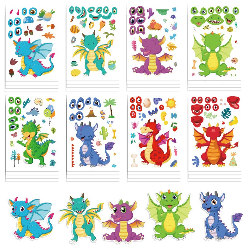 HJHEJST 24 Sheet Dragon Stickers Make Your Own Dragon Sticker for Kids 3+, Cartoon Make-a-face Sticker Girls Boys Dragons Birthday Party Decorations,DIY Dragons Craft Birthday Party Favor Supplies - Image 5
