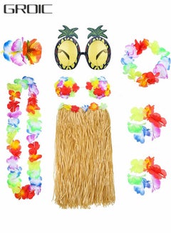 GROIC Hawaiian Grass Hula Skirt Costume Set Girl's Necklace Leis Garland Bracelets,Hawaiian Party Decoration,Hawaiian Hula Grass Skirt Sunglasses Leis Set  - Image 1