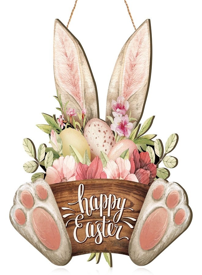 Barydat 1 Pcs Easter Wreaths for Front Door Bunny Welcome Wood Sign Door Hanger Spring Decorations Easter Hanging Plaque Rabbit Sign Decorations for Home Shop Garden (11.81 Inch) - Image 1