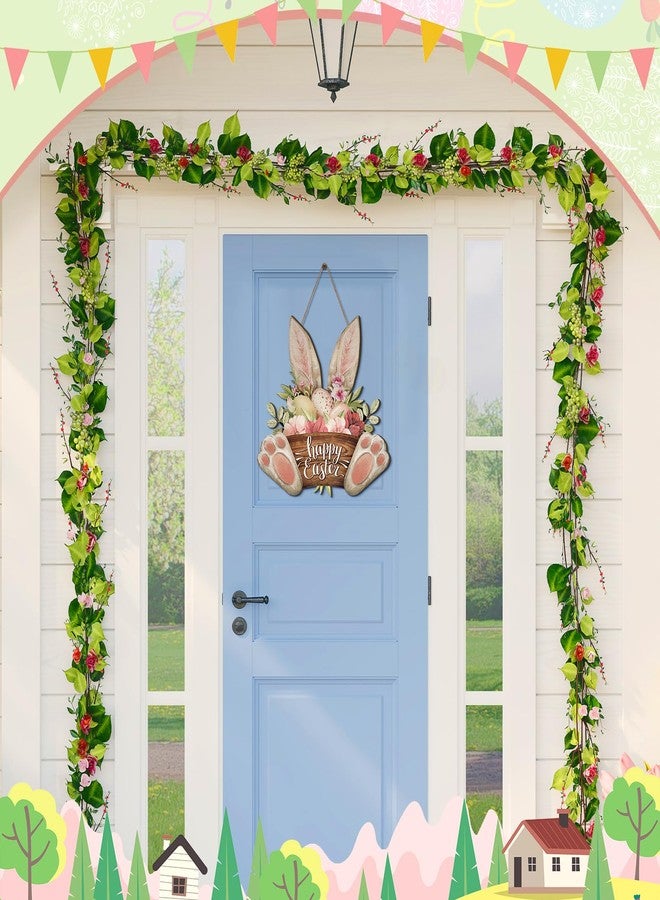 Barydat 1 Pcs Easter Wreaths for Front Door Bunny Welcome Wood Sign Door Hanger Spring Decorations Easter Hanging Plaque Rabbit Sign Decorations for Home Shop Garden (11.81 Inch) - Image 5